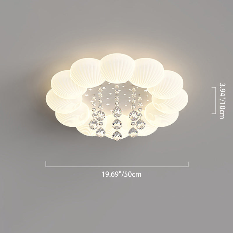 現代的でクリエイティブなクリーム色の丸いシェルの花びら、月、星、鉄、アクリル、PEクリスタル、LEDフラッシュマウント天井ライト、寝室用