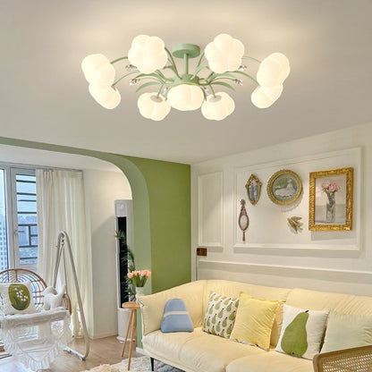 Contemporary Creative Flower Round PE Iron LED Semi-Flush Mount Ceiling Light For Living Room