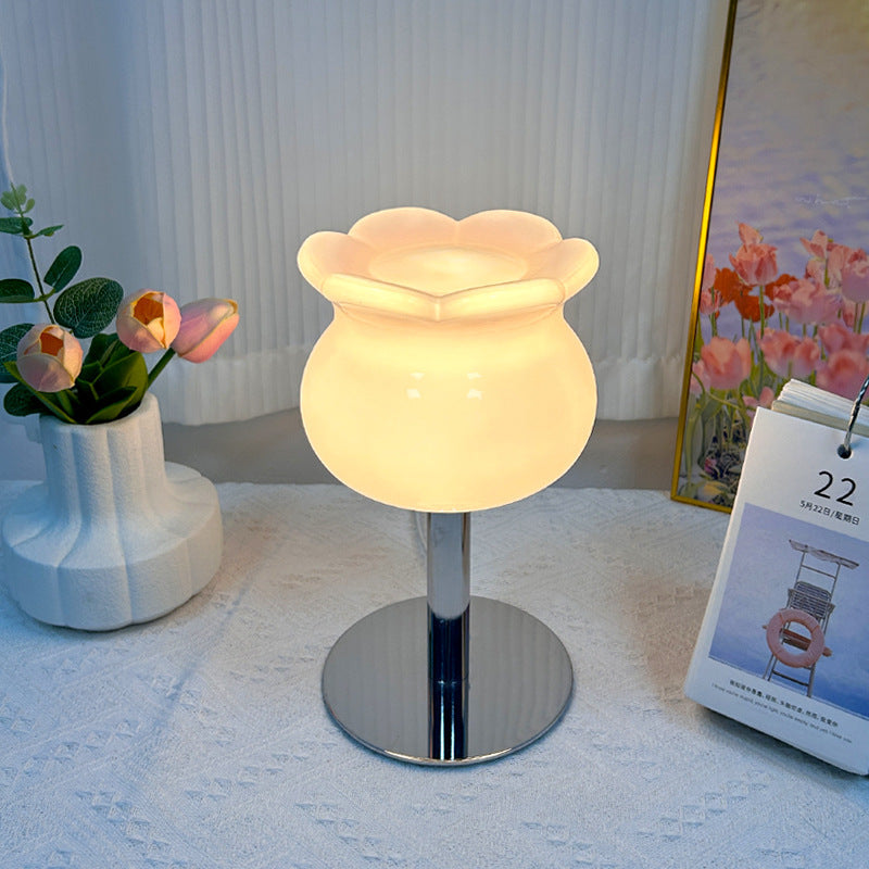 Contemporary Creative Cream Bell Orchid Flower Round Iron Glass 1-Light Table Lamp For Bedroom