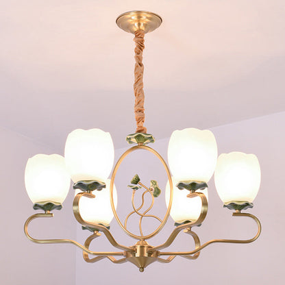 Traditional Chinese Lotus Round Copper Ceramic Glass 3/6/8 Light Chandelier For Living Room