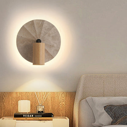 Contemporary Scandinavian Round Cylinder Yellow Travertine Wood 1-Light Wall Sconce Lamp For Bedroom