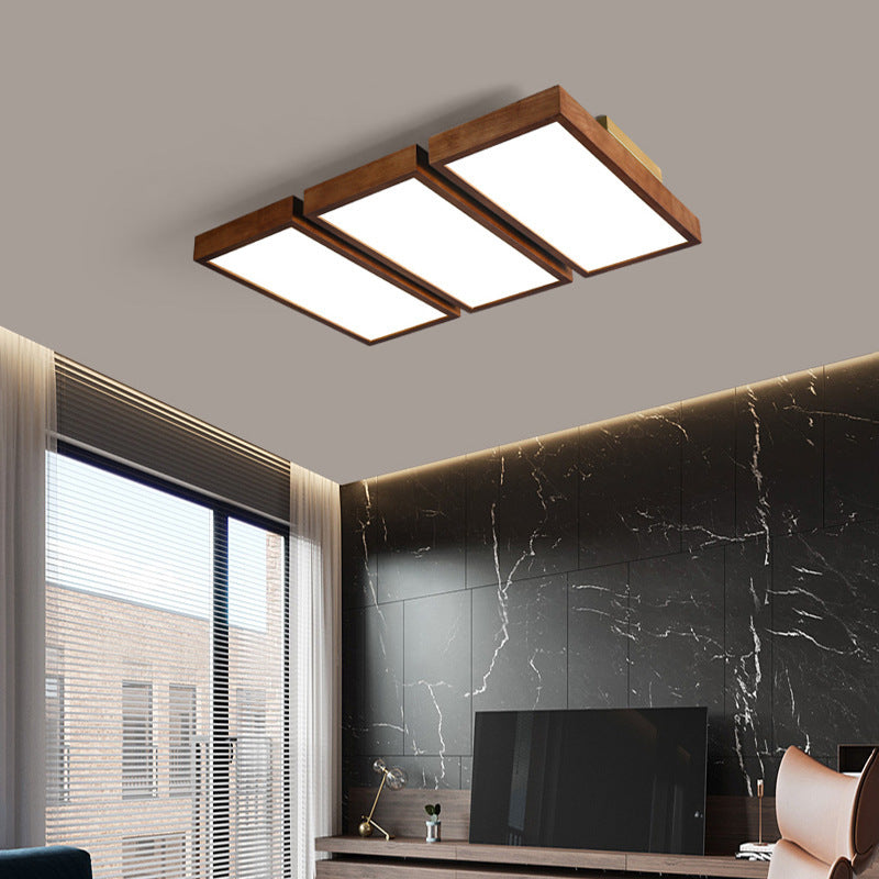 Traditional Chinese Rectangle Rubberwood Acrylic LED Semi-Flush Mount Lighting For Living Room