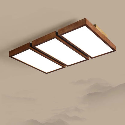 Traditional Chinese Rectangle Rubberwood Acrylic LED Semi-Flush Mount Lighting For Living Room