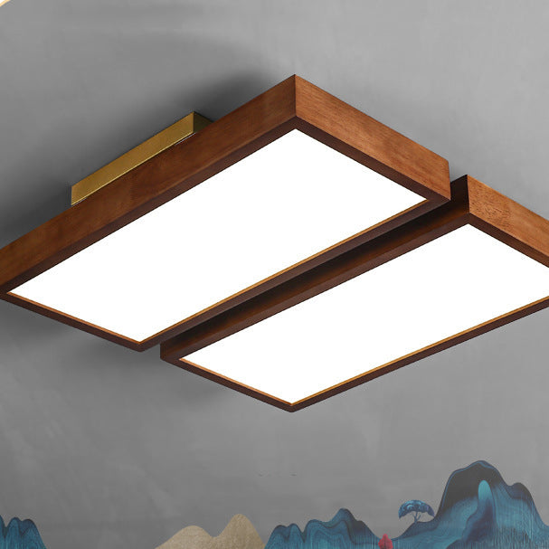 Traditional Chinese Rectangle Rubberwood Acrylic LED Semi-Flush Mount Lighting For Living Room