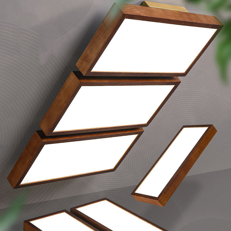 Traditional Chinese Rectangle Rubberwood Acrylic LED Semi-Flush Mount Lighting For Living Room