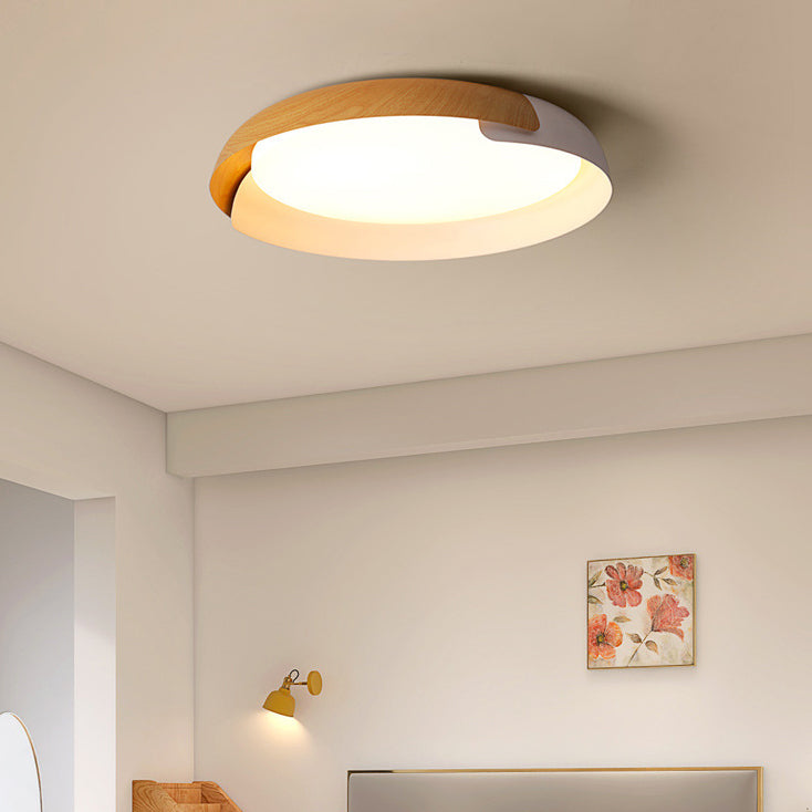 Modern Minimalist Wood Art Round Iron Acrylic LED Flush Mount Ceiling Light For Bedroom