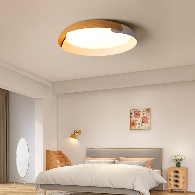Modern Minimalist Wood Art Round Iron Acrylic LED Flush Mount Ceiling Light For Bedroom