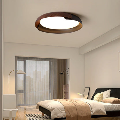 Modern Minimalist Wood Art Round Iron Acrylic LED Flush Mount Ceiling Light For Bedroom
