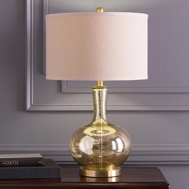 Modern Minimalist Round Cylinder Oval Glass Fabric 1-Light Table Lamp For Bedroom