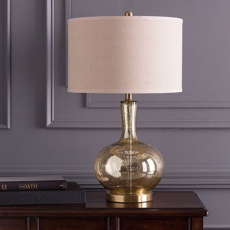 Modern Minimalist Round Cylinder Oval Glass Fabric 1-Light Table Lamp For Bedroom