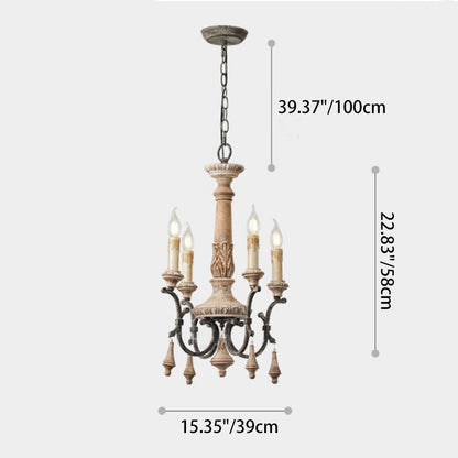 Traditional Vintage Carved Candle Shape Round Ironwood 4/6 Light Chandelier For Living Room