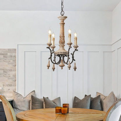 Traditional Vintage Carved Candle Shape Round Ironwood 4/6 Light Chandelier For Living Room