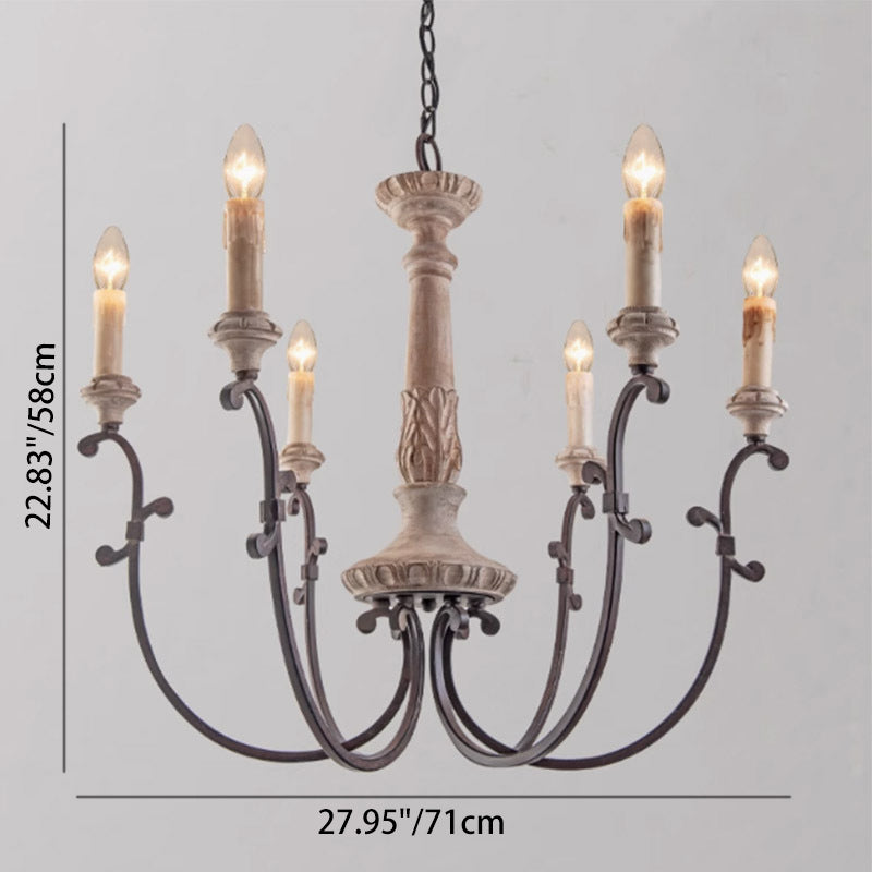 Traditional Vintage Carved Candle Shape Round Ironwood 4/6 Light Chandelier For Living Room