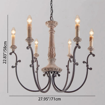 Traditional Vintage Carved Candle Shape Round Ironwood 4/6 Light Chandelier For Living Room