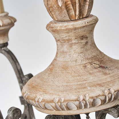 Traditional Vintage Carved Candle Shape Round Ironwood 4/6 Light Chandelier For Living Room