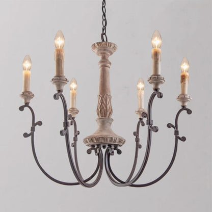 Traditional Vintage Carved Candle Shape Round Ironwood 4/6 Light Chandelier For Living Room