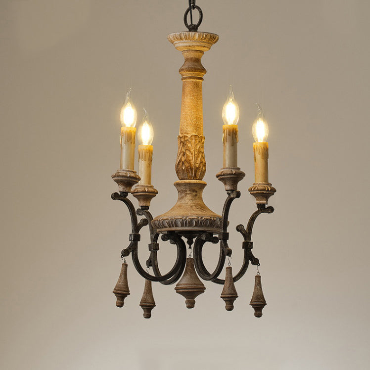Traditional Vintage Carved Candle Shape Round Ironwood 4/6 Light Chandelier For Living Room