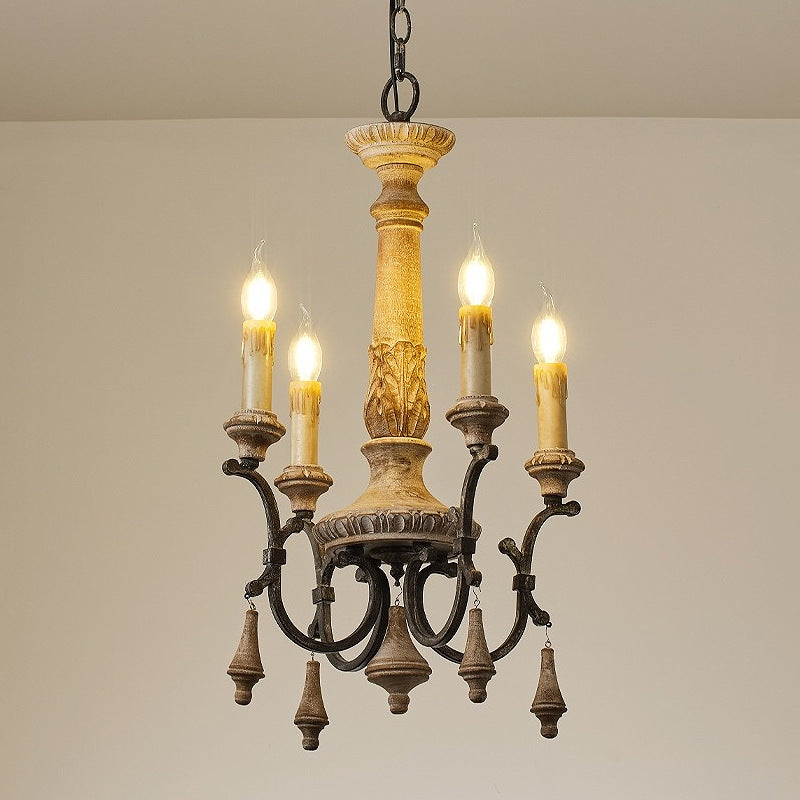 Traditional Vintage Carved Candle Shape Round Ironwood 4/6 Light Chandelier For Living Room