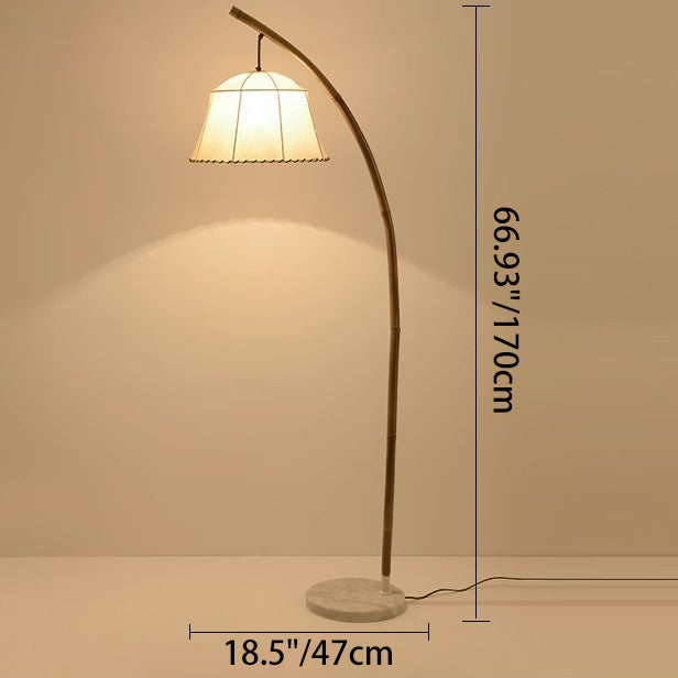 Traditional Vintage Round Cone Bamboo Fabric Marble 1-Light Standing Floor Lamp For Living Room