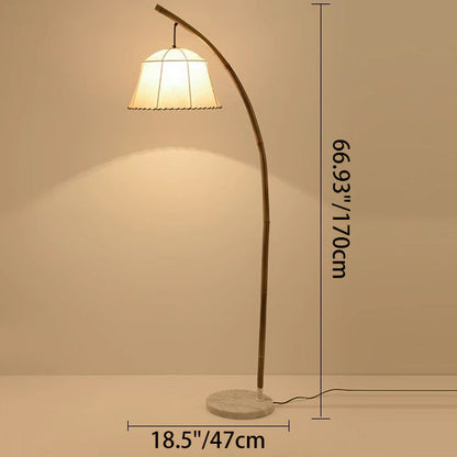 Traditional Vintage Round Cone Bamboo Fabric Marble 1-Light Standing Floor Lamp For Living Room