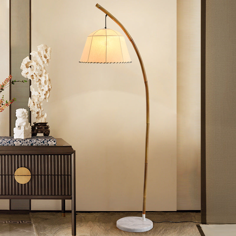 Traditional Vintage Round Cone Bamboo Fabric Marble 1-Light Standing Floor Lamp For Living Room