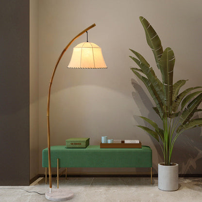 Traditional Vintage Round Cone Bamboo Fabric Marble 1-Light Standing Floor Lamp For Living Room