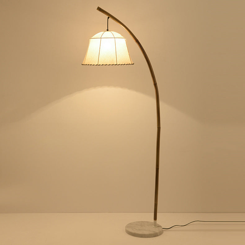 Traditional Vintage Round Cone Bamboo Fabric Marble 1-Light Standing Floor Lamp For Living Room