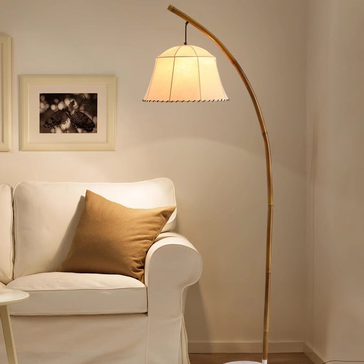 Traditional Vintage Round Cone Bamboo Fabric Marble 1-Light Standing Floor Lamp For Living Room