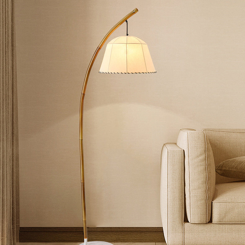 Traditional Vintage Round Cone Bamboo Fabric Marble 1-Light Standing Floor Lamp For Living Room
