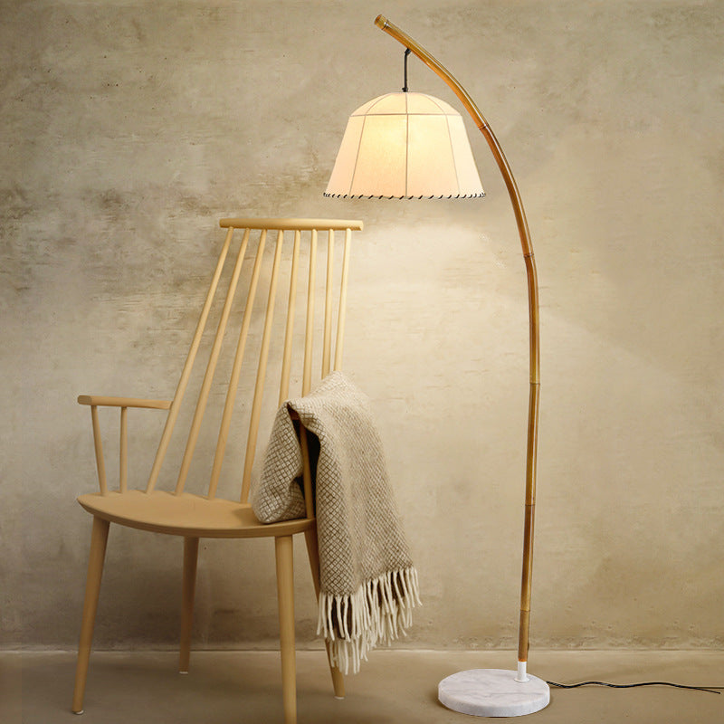 Traditional Vintage Round Cone Bamboo Fabric Marble 1-Light Standing Floor Lamp For Living Room