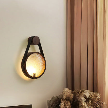Traditional Japanese Tote Shape Round Iron Glass 1-Light Wall Sconce Lamp For Bedroom
