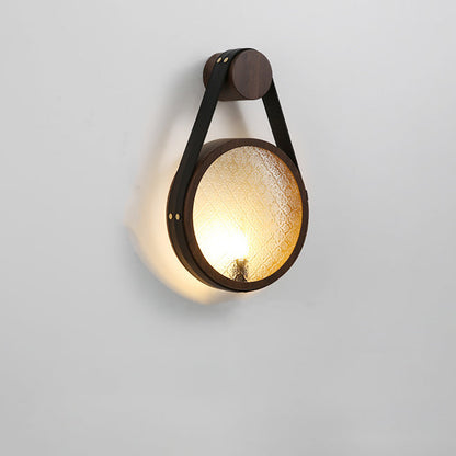 Traditional Japanese Tote Shape Round Iron Glass 1-Light Wall Sconce Lamp For Bedroom