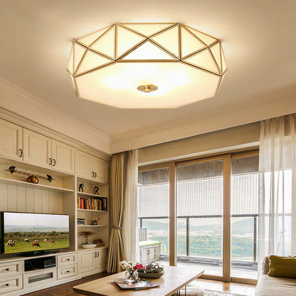 Modern Mid-Century Round Octagonal Copper Glass 3/4/6 Light Flush Mount Ceiling Light For Bedroom