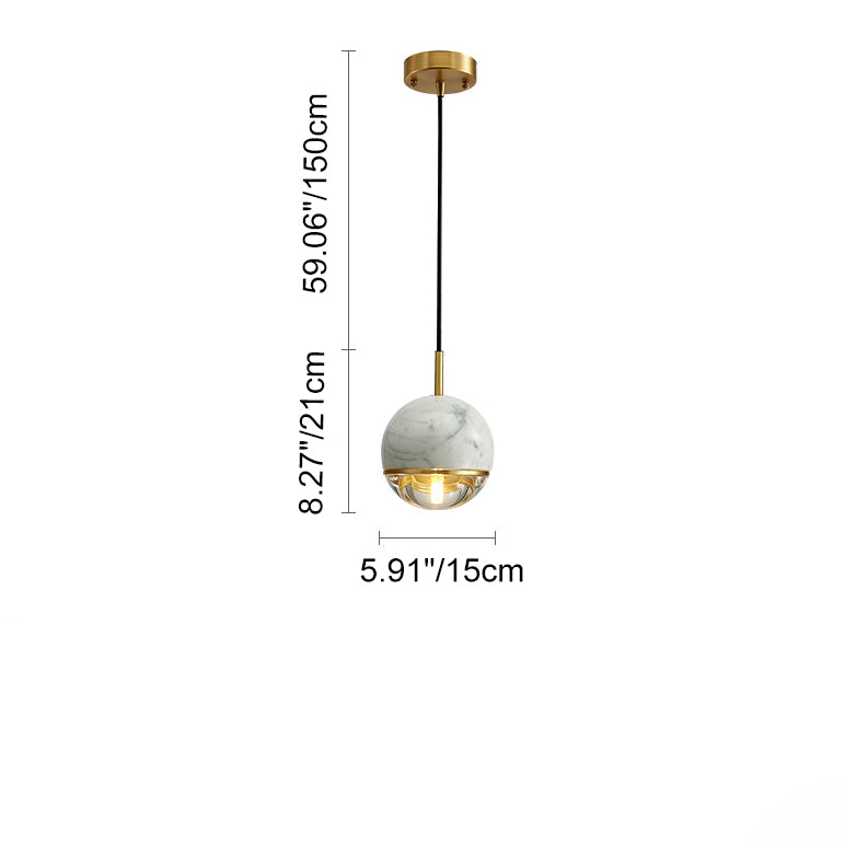 Contemporary Scandinavian Round Orb Copper Marble Glass 1-Light Pendant Light For Bedroom
