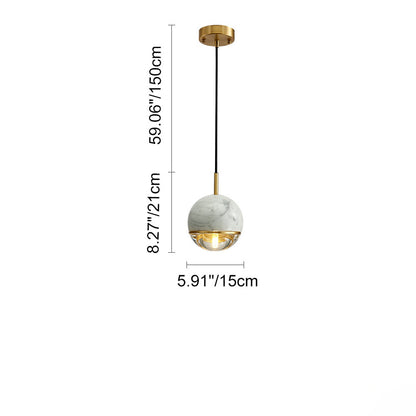 Contemporary Scandinavian Round Orb Copper Marble Glass 1-Light Pendant Light For Bedroom