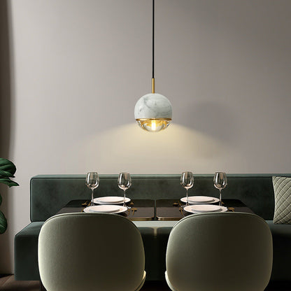 Contemporary Scandinavian Round Orb Copper Marble Glass 1-Light Pendant Light For Bedroom