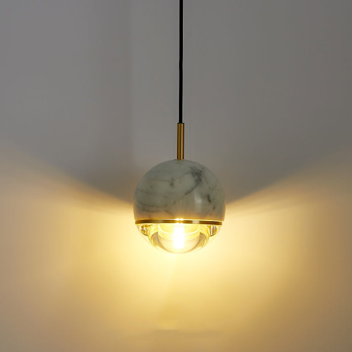 Contemporary Scandinavian Round Orb Copper Marble Glass 1-Light Pendant Light For Bedroom