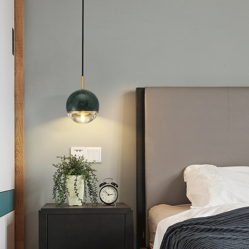 Contemporary Scandinavian Round Orb Copper Marble Glass 1-Light Pendant Light For Bedroom