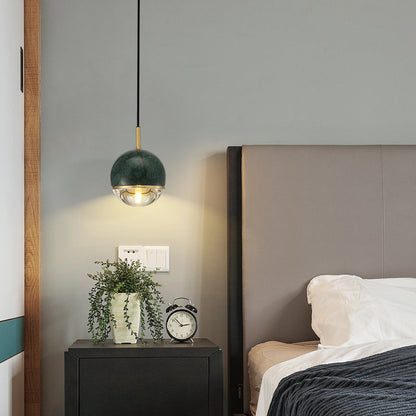 Contemporary Scandinavian Round Orb Copper Marble Glass 1-Light Pendant Light For Bedroom