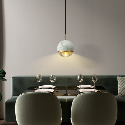 Contemporary Scandinavian Round Orb Copper Marble Glass 1-Light Pendant Light For Bedroom