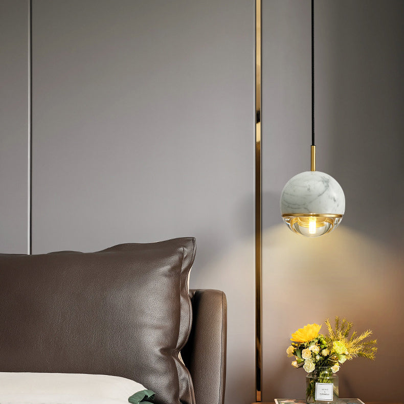 Contemporary Scandinavian Round Orb Copper Marble Glass 1-Light Pendant Light For Bedroom