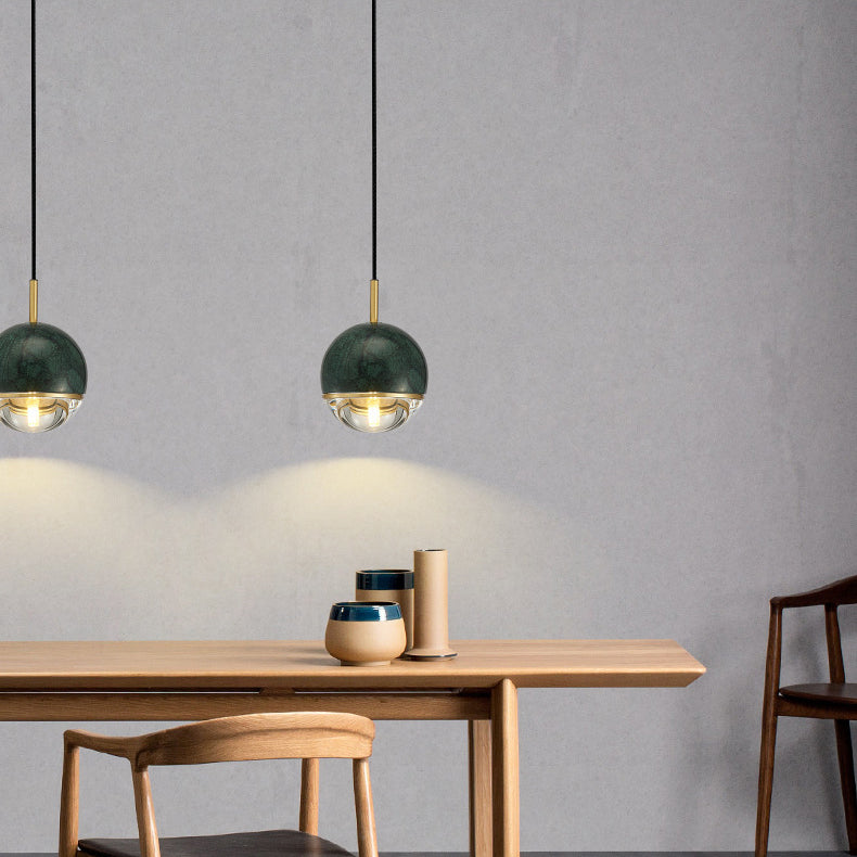 Contemporary Scandinavian Round Orb Copper Marble Glass 1-Light Pendant Light For Bedroom