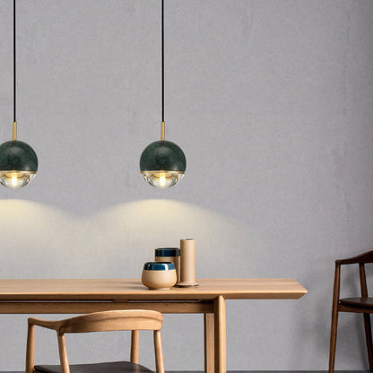 Contemporary Scandinavian Round Orb Copper Marble Glass 1-Light Pendant Light For Bedroom