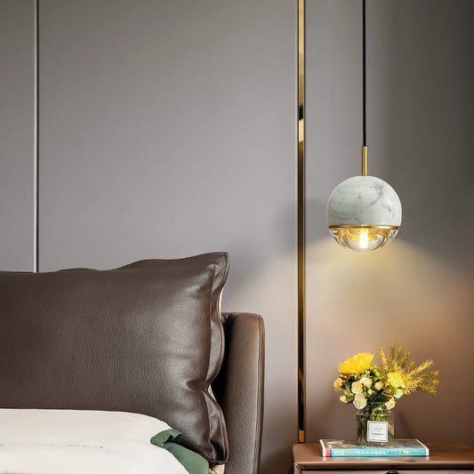 Contemporary Scandinavian Round Orb Copper Marble Glass 1-Light Pendant Light For Bedroom