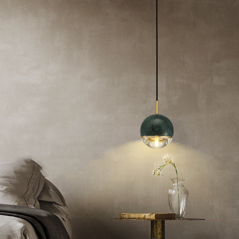 Contemporary Scandinavian Round Orb Copper Marble Glass 1-Light Pendant Light For Bedroom