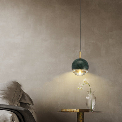 Contemporary Scandinavian Round Orb Copper Marble Glass 1-Light Pendant Light For Bedroom