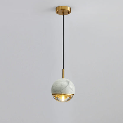 Contemporary Scandinavian Round Orb Copper Marble Glass 1-Light Pendant Light For Bedroom