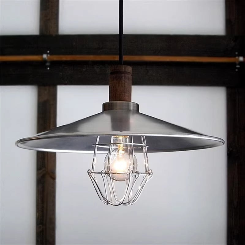Contemporary Industrial Round Cone Wood Aluminum 1-Light Pendant Light For Living Room