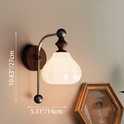 Traditional Vintage Floral Round Cone Wood Iron Glass LED Wall Sconce Lamp For Bedroom