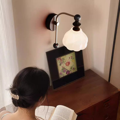 Traditional Vintage Floral Round Cone Wood Iron Glass LED Wall Sconce Lamp For Bedroom